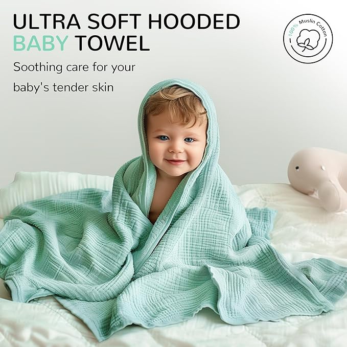 Muslin Hooded Baby Bath Towel Set 3 Pack, Muslin Cotton Baby Towels with Hood for Newborn, Baby Beach Towels for Boy, Girl, Babies, Infant, Toddler and Kids (35 X 35 Inch)(Light Green + Pink + Yellow)
