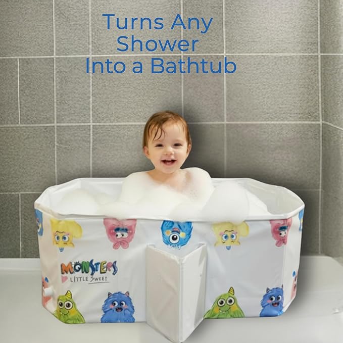 OhSoBig Collapsible Toddler Baby Bathtub - Foldable Portable Tub for Shower & Home, Non-Slip Base with Cushioned Bottom, Drain Plug, Space-Saving & Travel Bath Tub