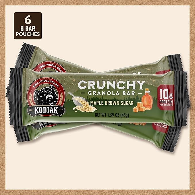 Kodiak Cakes Crunchy Granola Protien Snack Bars, Maple Brown Sugar, High Protein, 100% Whole Grains, 12 boxes with 6 pouches (144 bars)