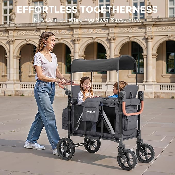 Premium 2 Seater Wagon Stroller for Kids, Foldable All-Terrain Stroller Wagon with Removable Seats, Adjustable 5-Point Safety Harness, Canopy, and Dual Handles, Dark Gray