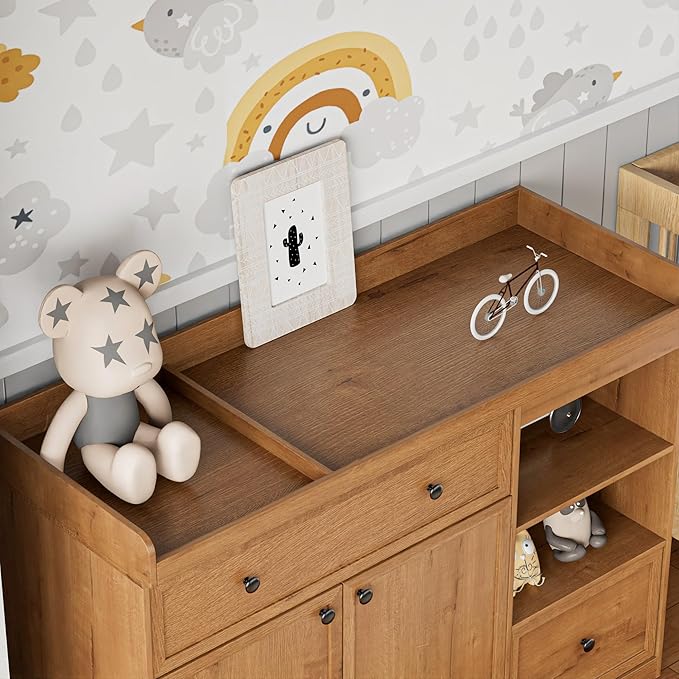 Wide Baby Changing Table Dresser with 2 Doors, 2 Different Size Drawer&Storage Cubbies, Durable Wood Construction, Built-in Shelves of Ample Storage for Nursery (Natural Wood)