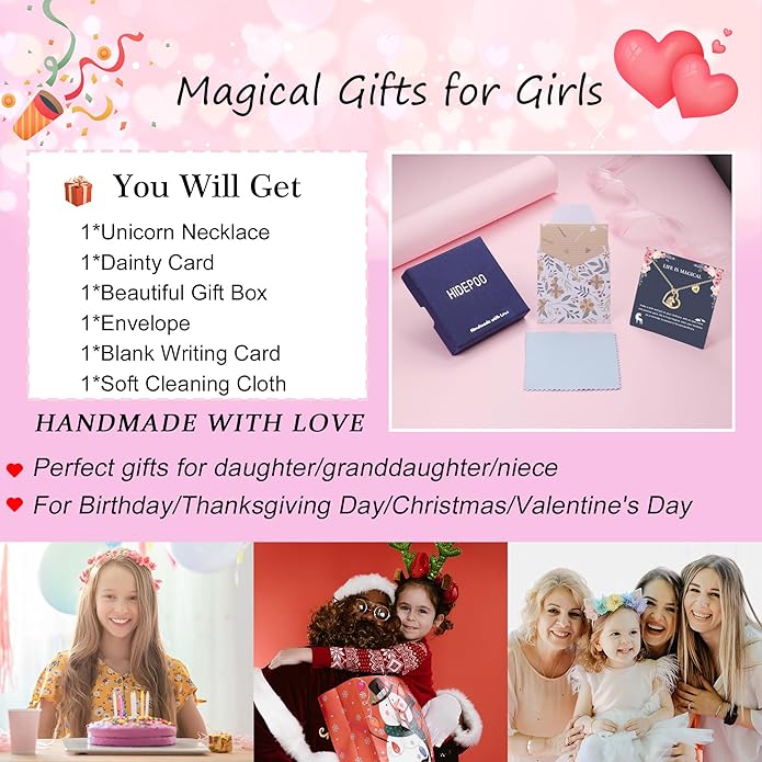 Hidepoo Valentines Gifts for Kids Girls - Unicorn Necklace Gifts for Teen Girls Kid, Colorful CZ Heart Pendant Initial Unicorn Necklaces for Girl Jewelry Birthday Gift for Girl Kid
