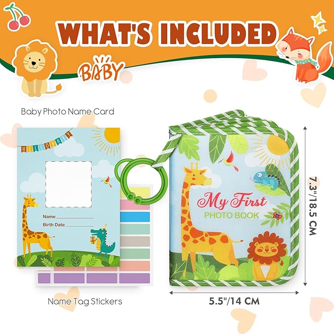 Lanpn Baby Photo Album Holds 17 4x6 Pictures, My First Soft Cloth Family Photo Book with Name Card Name Tag Stickers, Fabric Kid Memory Keepsake Gift for Baby Shower Newborn Toddler Boy Girl (Animal)