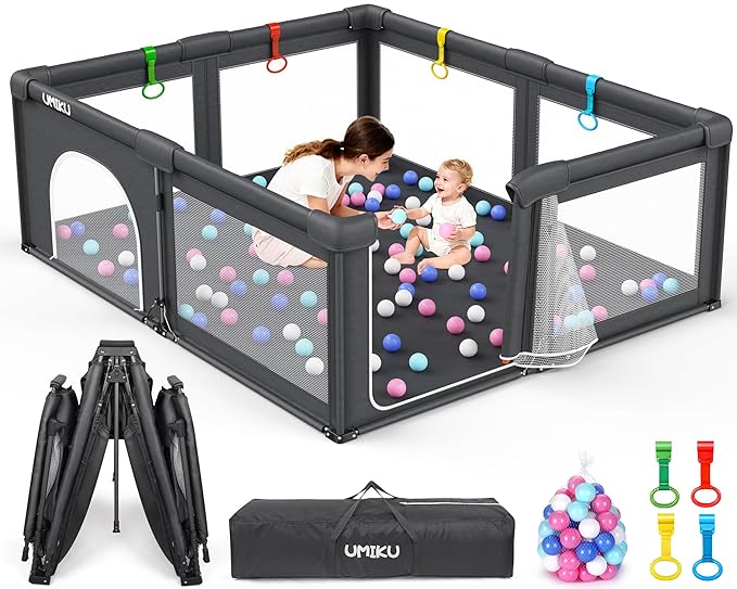 Baby Playpen Foldable Playpen for Babies and Toddlers, Extra Large Playpens Portable Play Pen with 2 Doors Activity Center for Kids Indoor Outdoor Pack and Play Baby Shower Gifts, 71"X59" Dark Grey