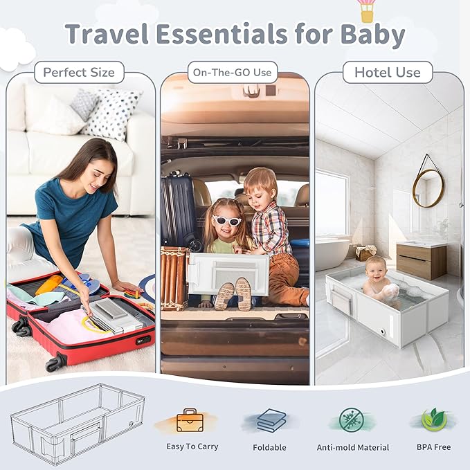 Baby Bathtub, Portable Bathtub with Cat-Patterned Bath Rinse Cup,Foldable Bath Tub for Small Bathroom,Toddler Tub for 6M-5Y,Baby Travel Essentials for Hotel,Camping & Beach