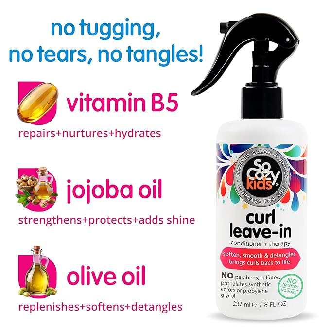 SO COZY Leave In Conditioner Spray (8 Fl Oz) Detangler for Kids' Curly Hair, Tangle-Free Curls, Gentle & Nourishing with Keratin, Vitamin B5, Olive & Jojoba Oil, Paraben-Free, (Pack of 4)