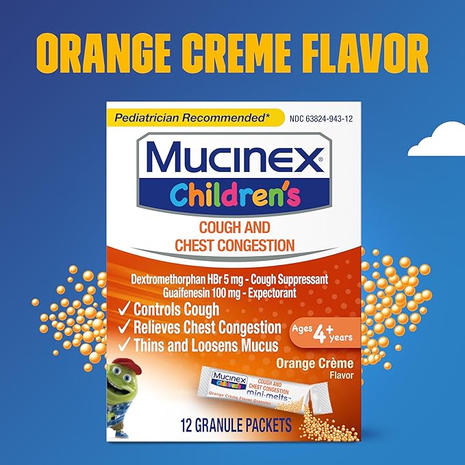 Mucinex Children's Chest Congestion Expectorant and Cough Suppressant Mini-Melts, Orange Cream, 12 Count (Packaging May Vary)