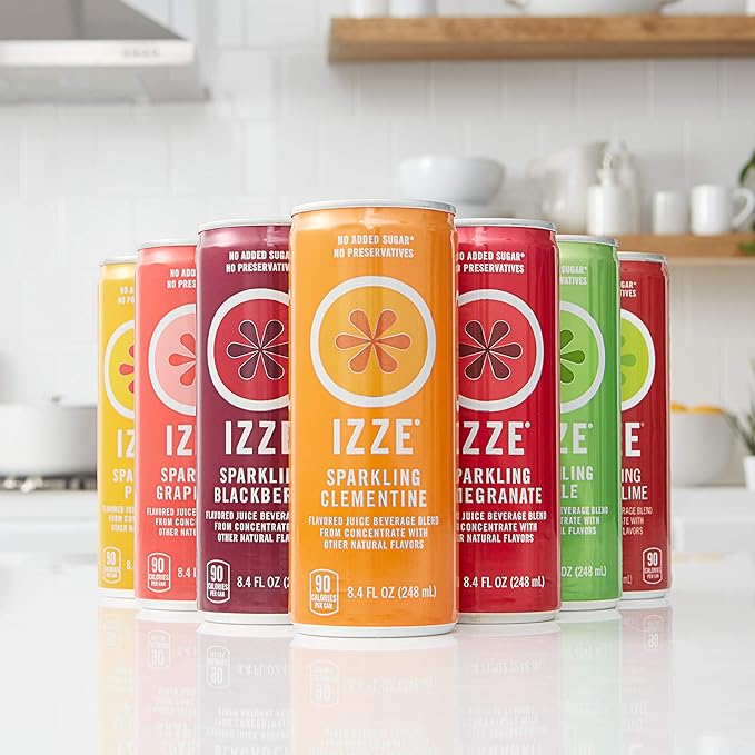 IZZE Sparkling Juice Beverage Blend, Sunset Variety Pack, Clementine, Peach, Cherry Lime, Pomegranate, No Sugar Added, 8.4 Fl Oz (Pack of 48)