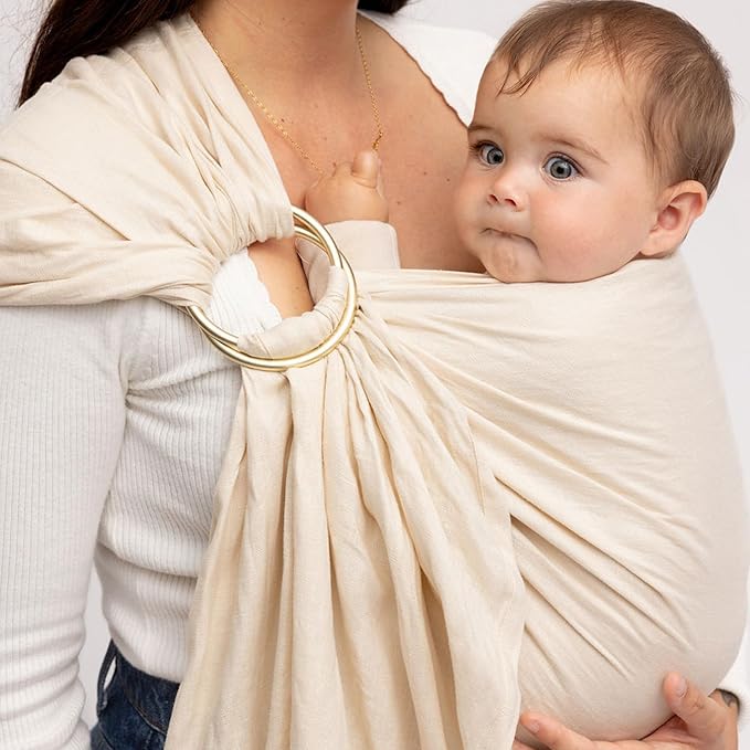 WildBird - Ring Sling Baby Carrier - 0-36 Months (up to 35 lbs) - Long (90") Sparrow & Rose Gold Ring - Front, Hip or Back Carry - Adjustable Fit - Natural Linen - Baby Essentials - New Mom Gifts