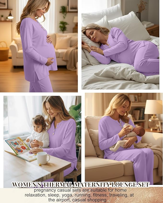 2 Piece Thermal Maternity Lounge Set Postpartum Pregnancy Fleece Loungewear Long Sleeve Top and Wide Leg Pant