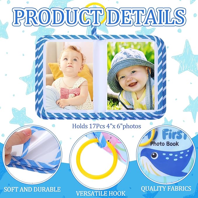 Sea Animal Baby Photo Album Holds 17 4x6 Pictures My First Soft Cloth Family Photo Book with Name Tag Stickers Fabric Kid Memory Keepsake Gift for Newborn Toddler Boy Girl Baby Shower