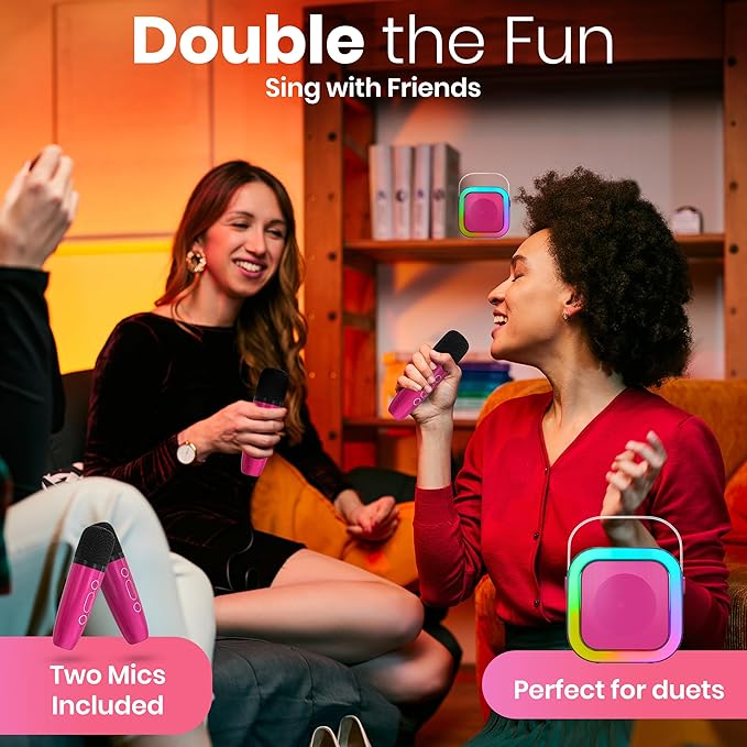 Mini Karaoke Machine for Adults Kids Teen with 2 Wireless Microphones, Birthday Gift Girls 8-12, Toys for Ages 5-7, Small Portable Bluetooth Speaker, Mini Microphone, Teens Car Singing Mic