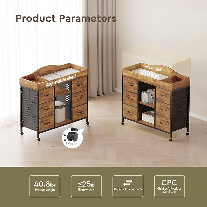 Changing Table, 6-Drawer Baby Dresser with Changing Table top,Waterproof Diaper Changing Station & Pad, 2 Height-Adjustable Open Storage Shelves, Mobile Nursery Organizer, Rustic Brown