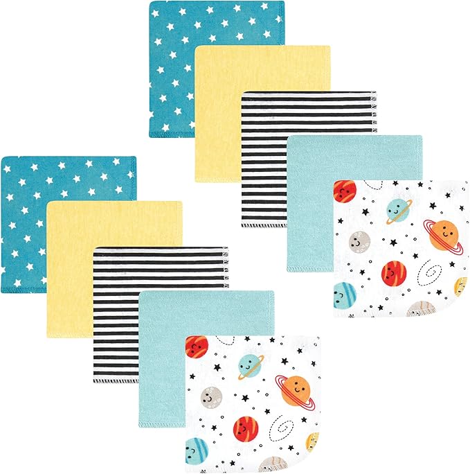 Hudson Baby Unisex Baby Flannel Cotton Washcloths, Happy Planets 10 Pack, One Size
