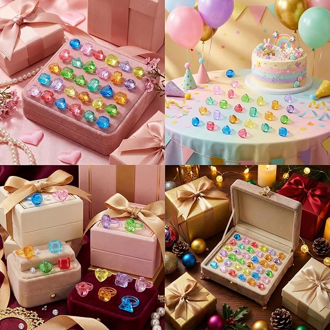 100Pcs Gem Rings Toys for Kids, Bulk Toys Diamond Ring Party Favors for Toddlers, Colorful Princess Ring Dress Up Accessories for Carnival Prizes,Goodie Bag Stuffers,Pinata Fillers,Birthday
