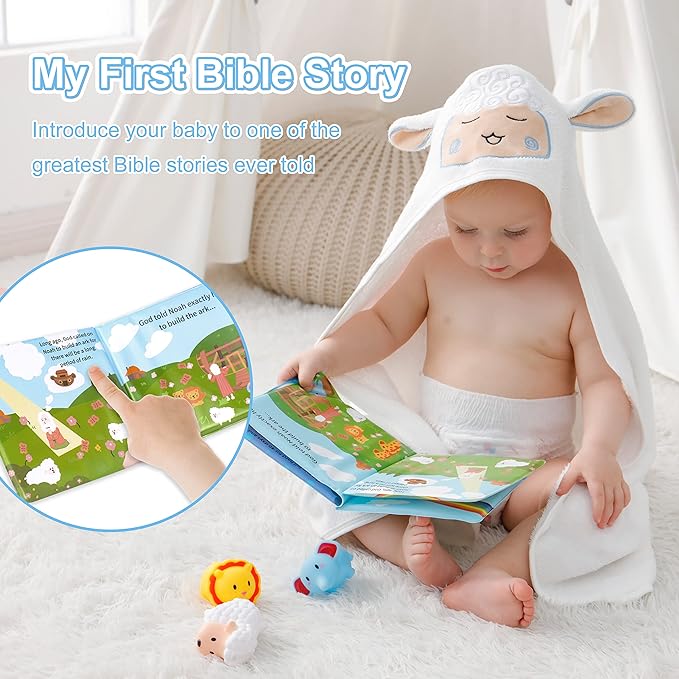 My First Noahs Ark 7 pcs Baptism Gift Set, Dedication, Christening and Baptism Gifts for Boys and Newborn Baby, Includes Washcloth and Hooded Towel, Baby Bath Book, 3 Bath Toys and Gift Bag