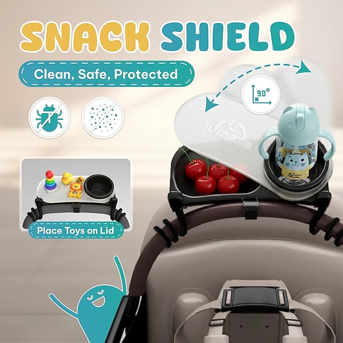 Universal Stroller Snack Tray with Cup Holder 2 in 1 - Stroller Tray Attachment for Baby & Toddler - Baby Stroller Accessories - Fit Most Strollers, Dishwasher Safe with Dust Cover & Silicone Arms