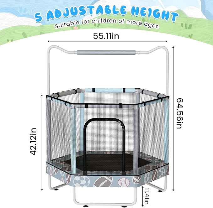 LAMERGE 55" 7-in-1 Round Trampoline for Kids Boys & Girls Ages 1-8, Indoor & Outdoor Trampoline for Fun, Adjustable Height Handrail ＆ Enclosed Safety Net ＆ Durable Designs for Toddlers Children