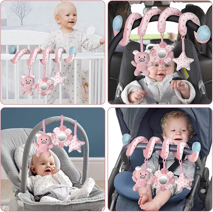 SAMMAS Car Seat Toys, Infant Baby Pink Pig Spiral Activity Hanging Toys Stroller Toys for Car Seat Stroller Bar Crib Bassinet Mobile with Mirror BB Squeaker and Rattles