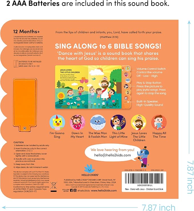 Dance with Jesus Christian Sound Books for Kids - 6 Bible Songs - Baptism, Christening, Dedication Gifts for Boys and Girls - Religious Toys, Music Books for Toddlers 1-3
