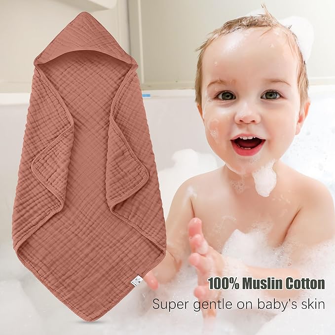 2 Pack Hooded Baby Towels - 100% Muslin Cotton for Newborns, Infants, Toddlers - Large 32x32 Inch Size - Highly Absorbent and Essential for Newborn Care, Deep Bean Paste