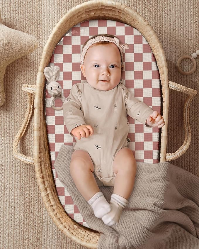 Blissful Diary Muslin Bassinet Sheets for Baby Girls Boys, Boho Soft Cotton Fitted for Oval Hourglass Rectangle Mattress, 2 Pack(Dusty Pink Checkboard & Dusty Pink)