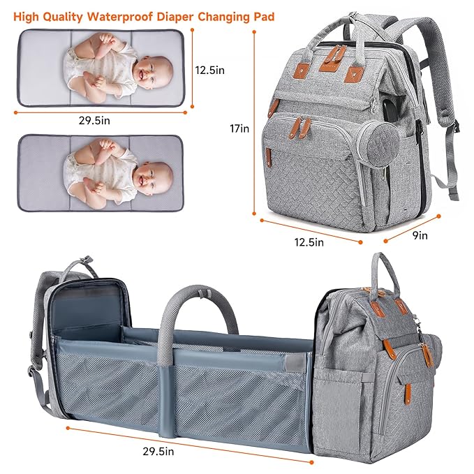 Baby Diaper Bags with Changing Station Multifunctional Waterproof Diaper Bag Backpack Travel Baby Bag with Changing Pad, Pacifier Case,Baby Essentials(Grey)