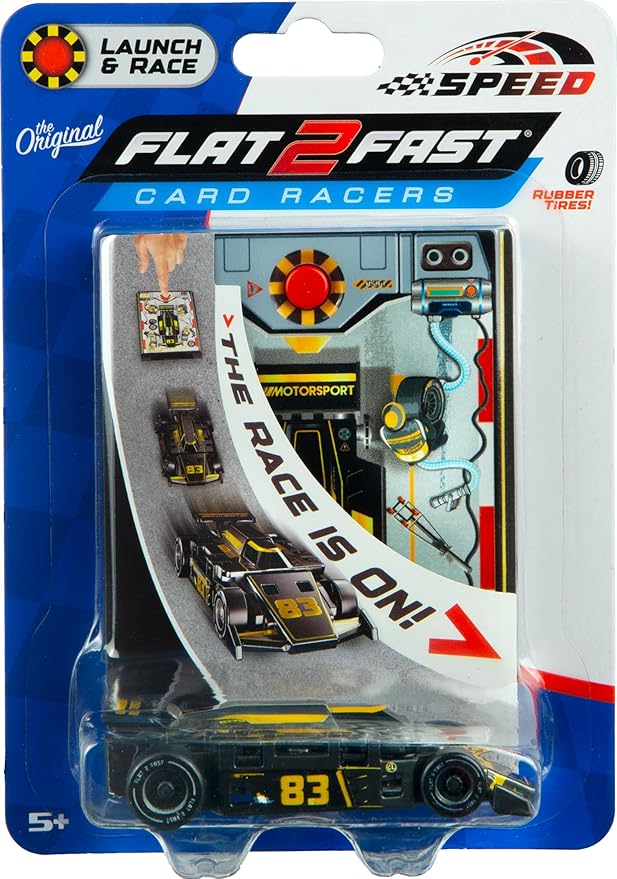 FLAT 2 FAST Original Speed Card Racer – Flat Car Racer and Pocket Size Racecar Launcher with Real Rubber Tires for High-Speed Racing – Load, Launch, Race! – Onyx Black