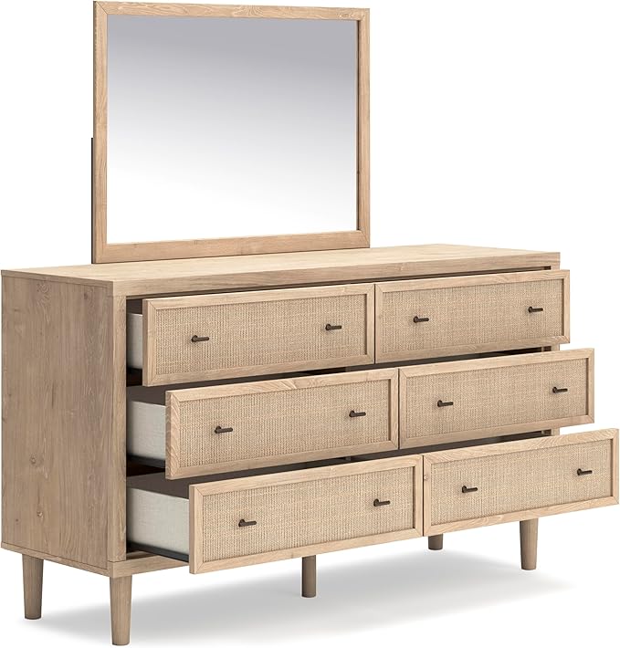 Signature Design by Ashley Cielden French Country 6-Drawer Dresser and Mirror with Safety Stop, Light Brown