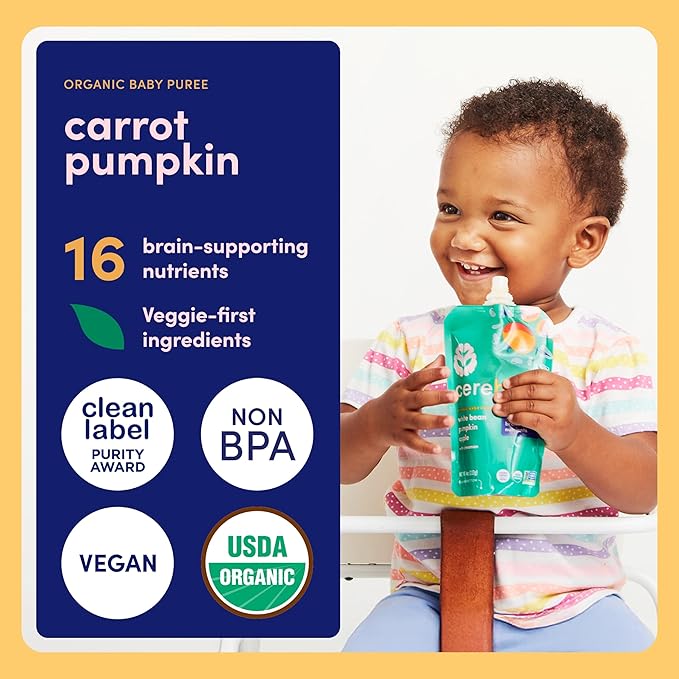Cerebelly Organic Baby Food Pouches, Carrot Pumpkin Purees, 16 Nutrients, No Added Sugar, Fiber & Non-GMO, 4oz, 6 Pack