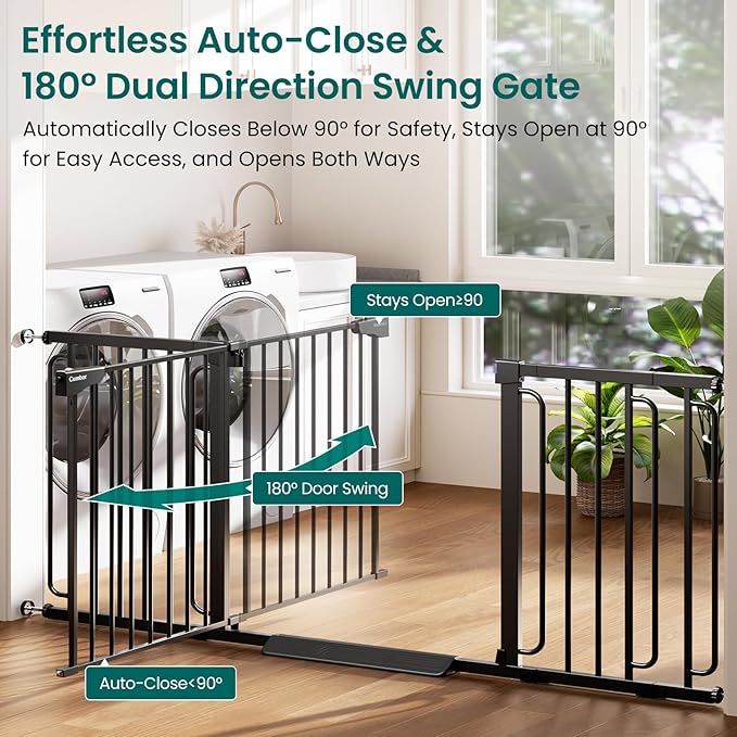 Cumbor Extra Wide Baby Gate, 36.6-69" Walk-Through Dog Gate for Stairs, Doorways & Hallways, 30.5“ Tall, Auto-Close & Dual-Swing Safety Child Gate Indoor, Easy Install Pressure-Mounted Pet Gate, Black