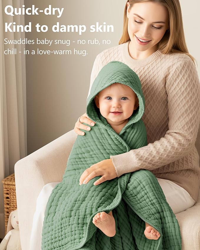 Baby Bath Towels, 100% Muslin Cotton Hooded Baby Towels for Newborn, 2 Pack Baby Towels with Hood for Infant Toddler and Kids, Large 32x32Inch Unisex Bath Essentials, Soft and Absorbent