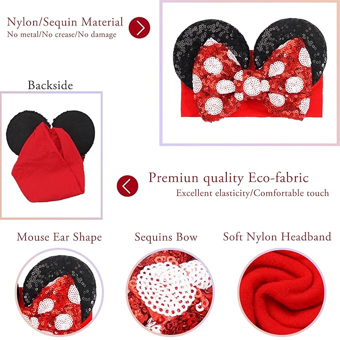 2Pcs Baby Girl Large Mouse Ears Dot Headbands with Sequin Bow, Wide Nylon Turban Hairband, Theme Park Headwear, Hair Bow Headband for Toddler, Kids, Party Supplies