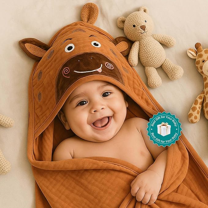 Chungie Soft Muslin Hooded Baby Towels 32x32 inches – 100% Cotton, 6-Layer Breathable Newborn Bath Towels with Hood, Pack of 2 (Printed + Embroidered)