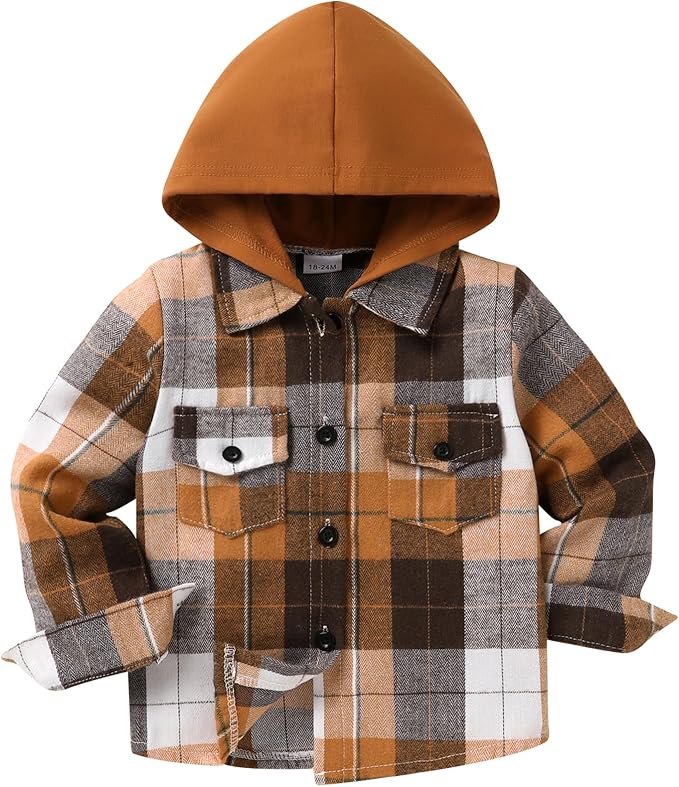 YOUNGER STAR Toddler Kids Boys Girls Flannel Hooded Plaid Shirt Button Baby Red Clothes