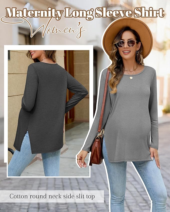 Riyiper 3 Pack Women's Maternity Long Sleeve T-Shirts Round Neck Side Split Tops Loose Casual Pregnancy Mama Clothes Fall