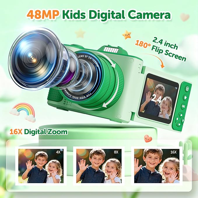 Kids Camera, Christmas Birthday Gifts for Boys Girls Age 3-12,Upgrade HD Flip Digital Video Cameras for Kids, Portable Toys for 3 4 5 6 7 8 9 10 Year Old Childrens with 32GB SD Card-Green