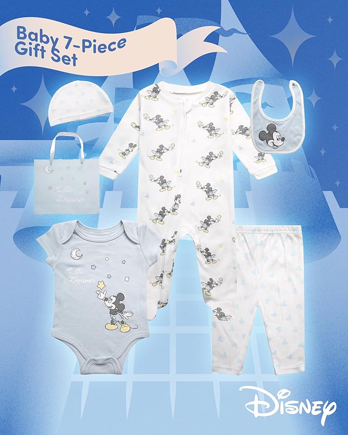 Disney Newborn Baby Girl Boy Clothes - 7 Piece Mickey Mouse Winnie the Pooh Bib Onesie Overall Beanie Pants Gift Bag Gift Set