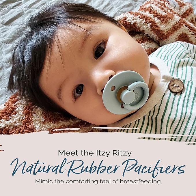 Itzy Ritzy Natural Rubber Newborn Pacifiers (Set of 2) – Baby Pacifiers with Cherry-Shaped Nipple & Large Air Holes for Added Safety; Set of 2 Binkies in Harbor & Coast (Ages 0 – 6 Months)