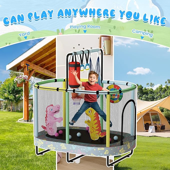 LAMERGE 55" 7-in-1 Round Trampoline for Kids Boys & Girls Ages 1-8, Indoor & Outdoor Trampoline for Fun, Adjustable Height Handrail ＆ Enclosed Safety Net ＆ Durable Designs for Toddlers Children