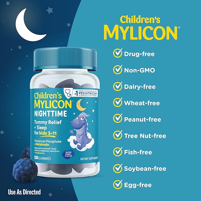 MYLICON Melatonin Gummies + Tummy Relief for Children Ages 3-11 | Helps Relieve Occasional Upset Stomach, Indigestion, Sleeplessness. Mixed Berry Flavor, 50 Count