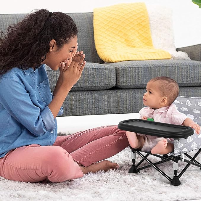 Toddler Booster Seat for Kitchen Chair & Travel - Portable Foldable with Removable Tray, Baby Camping Chair 6-36 Months Indoor Outdoor (White Cloud Design)