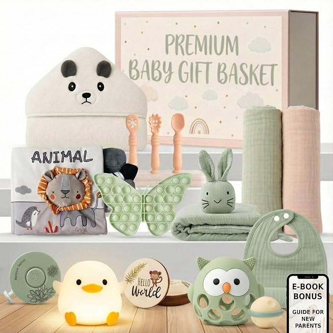 New Baby Gift Basket 21-Piece Set | Refined Newborn Baby Gift Set for Boy & Girl | Gender Reveal Gifts & New Mom Gifts Bundle | Essential Newborn Toys & Acc. Included in Elegant Keepsake Magnet Box