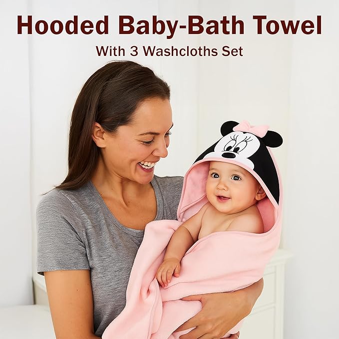 Disney Baby Girls Minnie Mouse Hooded Baby-Bath Towel with 3 Washcloths Set for Newborn and Infants