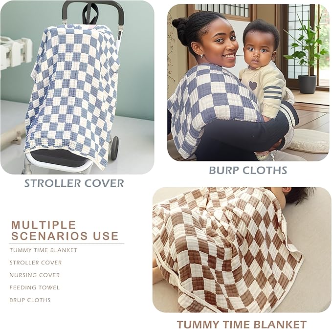 Ultra Soft Checkered Muslin Hooded Baby Towels for Newborn Boys and Girls 2 Pack 32x32 inch Cotton Muslin Baby Bath Towels for Newborns Toddlers,Newborn Essential (Blue and Coffee)