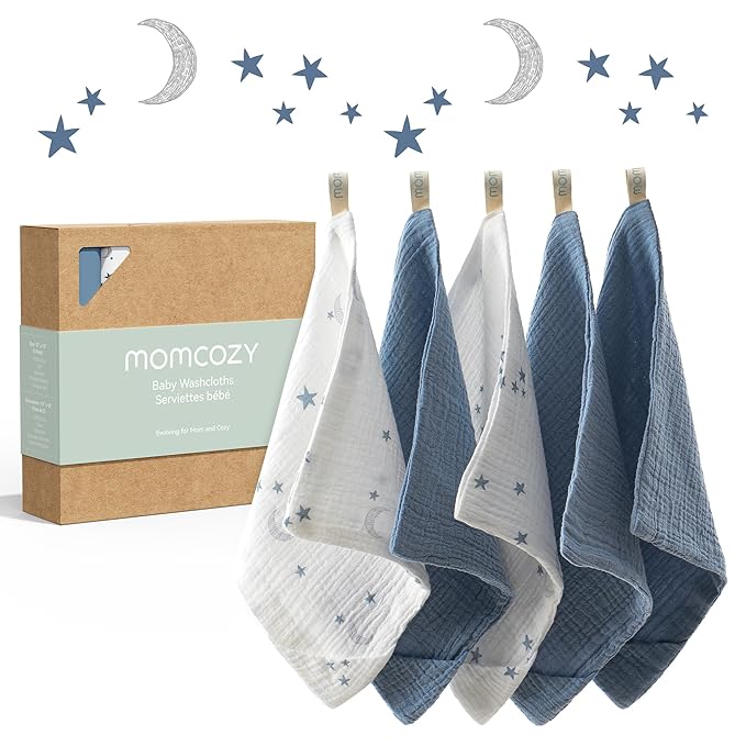 Momcozy Baby Washcloths - 4 Layer Design| Medium Thickness| Soft & Absorbent| Premium Cotton for Newborns' Skin-Great for Bathing, Wiping & on-the-go Use, Shower Gift and Essential(5 Pack, 10x10 inch)
