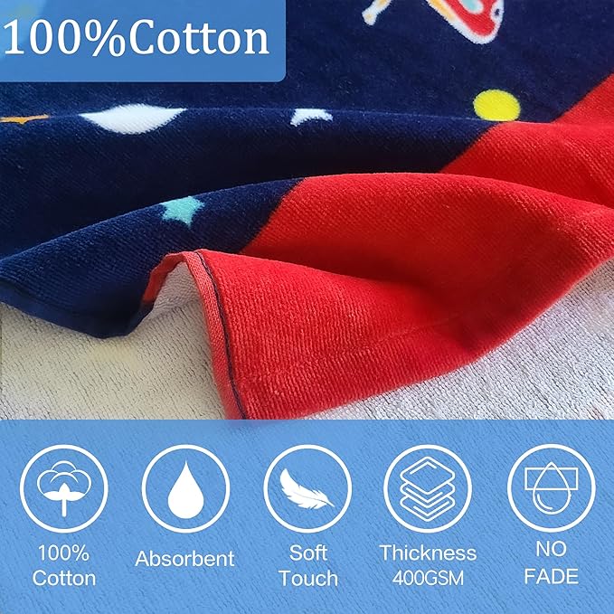 VOOVA & MOVAS Kids Hooded Towels Age 3-8, 30''X50,Soft | Thick | Absorbent Cotton Beach, Bath, Pool Towel | Wrap, Oversized for Boys Girls | Space Theme