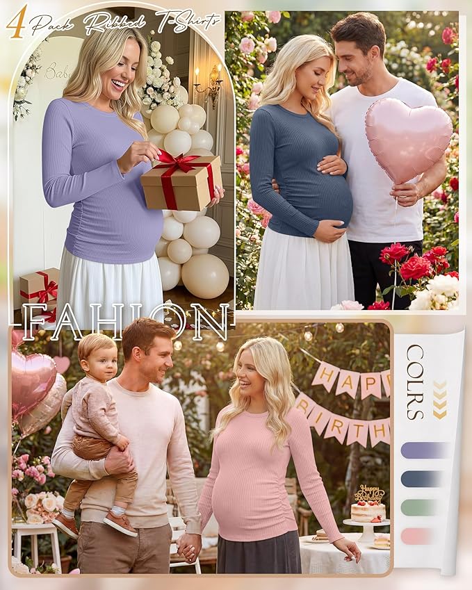 Ficerd 4 Pack Women's Maternity Shirts Cotton Long Sleeve Ribbed Crew Neck Pregnancy Tops Side Ruched Casual Mama Clothes