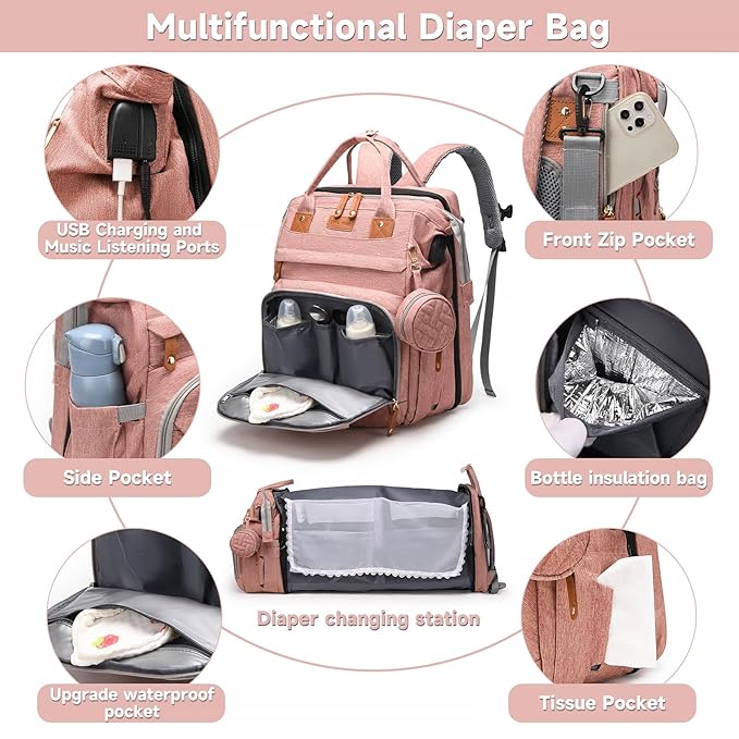 Baby Diaper Bags with Changing Station Multifunctional Waterproof Diaper Bag Backpack Travel Baby Bag with Changing Pad, Pacifier Case,Baby Essentials(Pink)