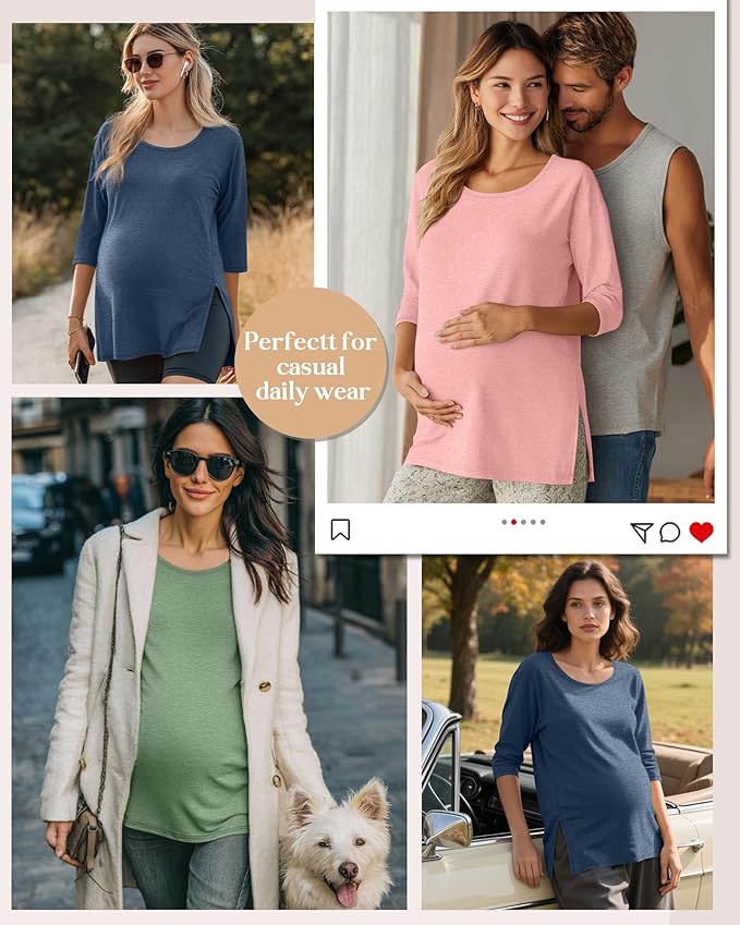 3 Pack Women's 3/4 Sleeve Maternity Shirts Elbow Length Clothes Round Neck Tunics Pregnancy Loose Side Split Tops